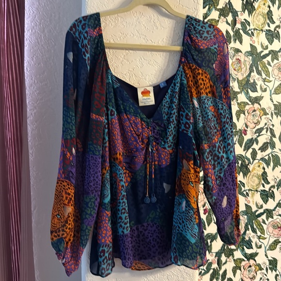 Farm Rio Jungle Cat Print Lined Viscose Bohemian Blouse Size XL - Picture 2 of 6